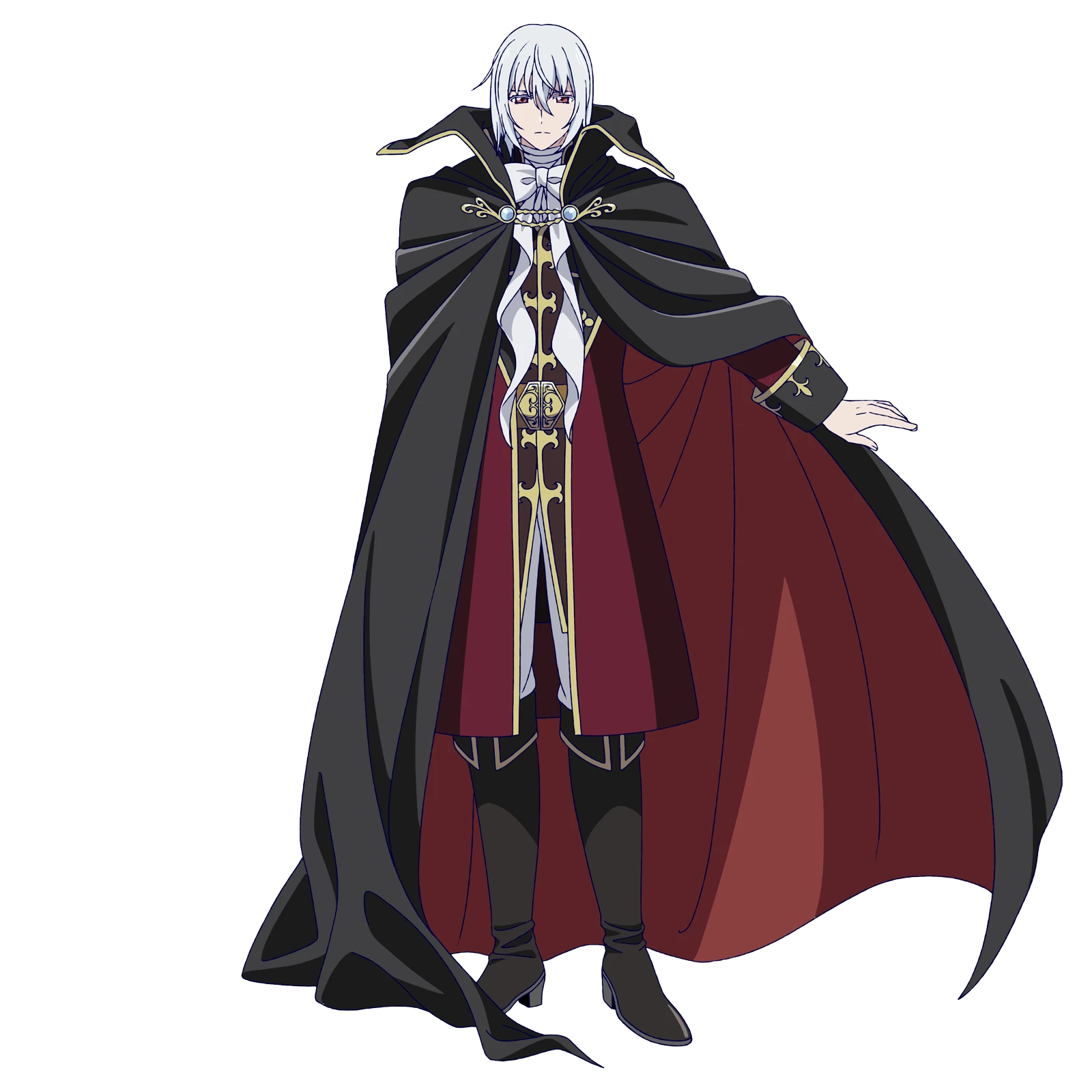 Visuel officiel du personnage Rose-Red Strauss, devant une lune rouge et une grande cape noire